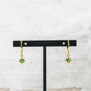 North Star Charm Huggie Hoop Earrings in Emerald Green and Gold